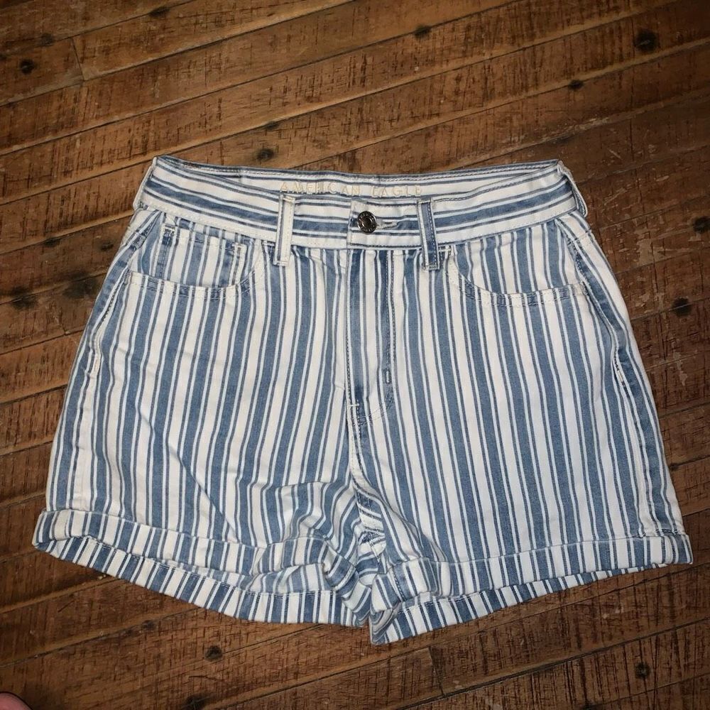 American Eagle blue & white stripe 0 high waist mom shorts